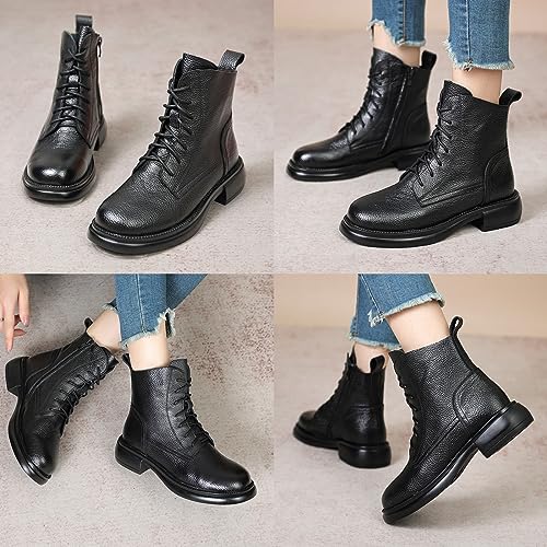Optigard Women's Leather Lace-up Ankle Boots with Side Zipper Comfortable Round Toe Platform Low Block Heel Booties Combat Ankle Boots2