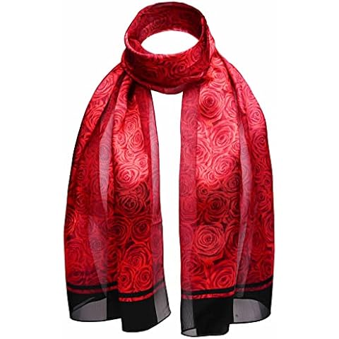 Rose Print Black Border Satin Stripe Scarf, Red Cover
