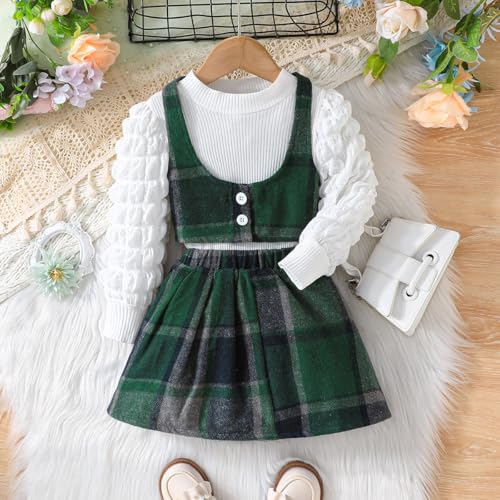 Image of Toddler Girls Christmas Outfits Girls Puff Sleeve Knit Ribbed Tops Button Down Vest Plaid Skirt Set Winter Clothes