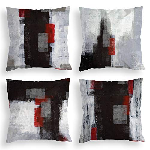 COLORPAPA Lot de 4 Housses de Coussin décoratives Rouges et Noires - 45,7 x 45,7 cm - Art Abstrait Gris - pour canapé, Chambre à Coucher, Salon