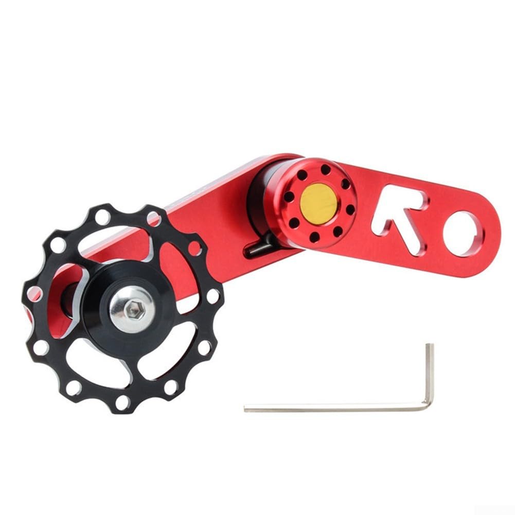 Single Speed Bike Chain Tensioner with Oval Chainring Conversion for Mountain Terrain Cycling Aluminum Alloy and Stainless Steel Construction (Red)