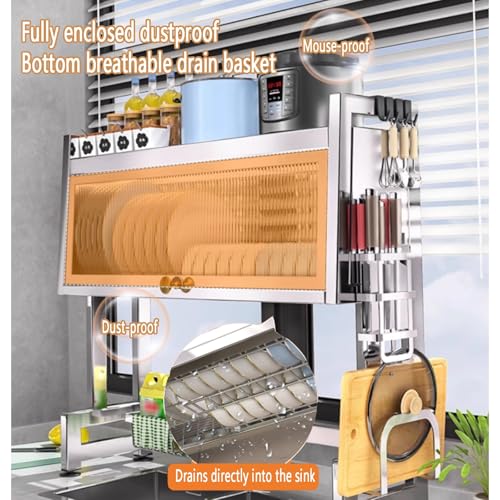 Genérico Escurreplatos de Acero Inoxidable de 2 Niveles con Tapa, Ahorra Espacio sobre el Fregadero, escurridor de Gran Capacidad con Puerta abatible para Platos y Cuencos (95 cm) - Organizador de co