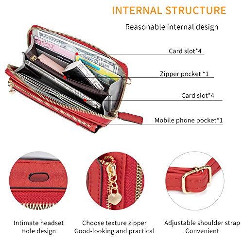 Image of myfriday Touch Screen RFID Phone Crossbody Purse with 2 Straps for Women | Clear phone window, RFID card space, 11 slots and zip pockets support quick calls, errands, theme parks and travel