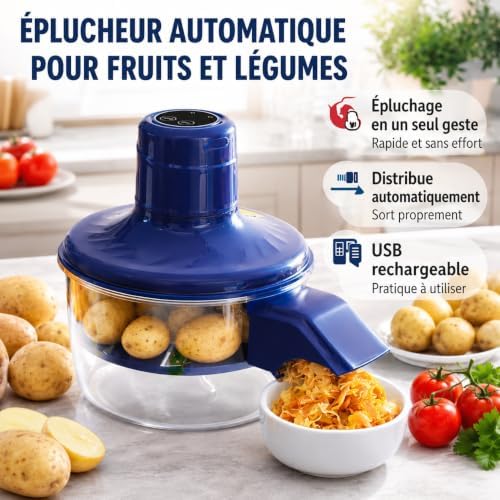 Eplucheur Pomme de Terre,éPlucheur de Pommes de Terre éLectrique Rechargeable Automatique à Un Bouton avec Lame en Acier Inoxydable pour Pommes de Terre, Carottes, Ail