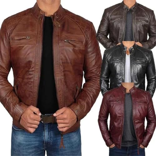 Men's Autumn Winter Leather Jacket Casual Stand Collar Zipper Slim Fit Anti-Wind Motorcycle Biker Coat2