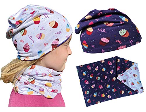HECKBOu00ae Kinder Mädchen Beanie Mütze + Loop-Schal Set, Wendemütze mit Cookies Kuchen Motiv, One Size: 2 bis 7 Jahren, 95% Baumwolle, weiches & pflegeleichtes Stretch-Material | für jede Jahreszeit