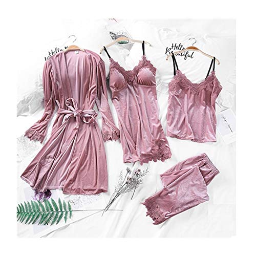 Autumn Sexy Pajama Set for Women 4 pcs Warm Velour Lace Trim Sleepwear with Robe Sexy Soft (Tender Pink, XL)