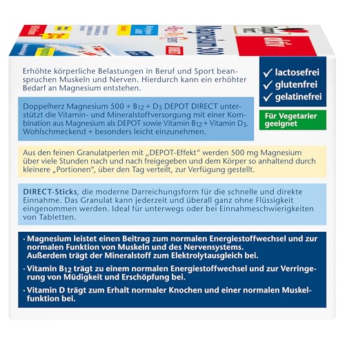 Doppelherz Magnesium 500 + B12 + D3 DIRECT mit DEPOT-Funktion - Magnesium als Beitrag für die normale Funktion der Muskeln und des Nervensystems - 60 Portionen Micro-Pellets mit Zitronen-Geschmack – Bild 3