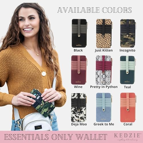 KEDZIE Essentials Only Women's Zippered Wallet in Vegan Leather Small Card Holder Wallet Exterior ID Window - Black V24