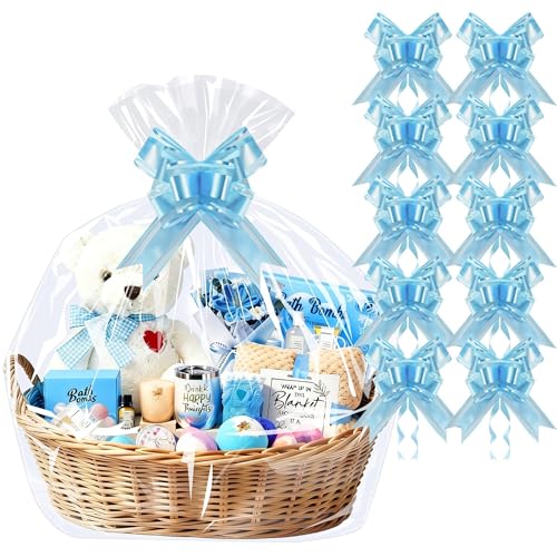 Image of PigPotParty Cellophane Bags for Gift Baskets, 30x40 in, 10 Pack, Blue Bows | Thick clear OPP holds shape; seamless bottom resists tears; easy-to-use large pull bows save time and add a polished finish