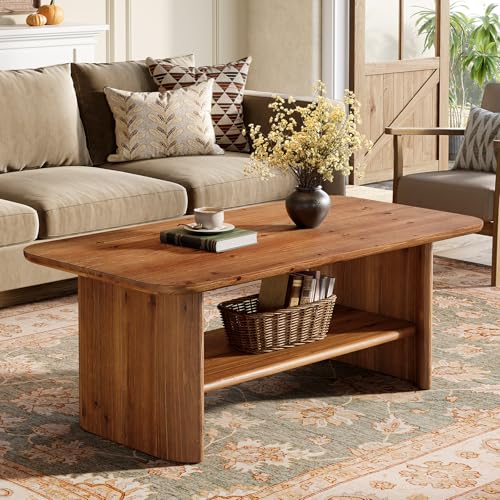 Tribesigns Mesa de Centro de Madera Maciza, Mesa de Centro Rectangular de 120 cm con Espacio de Almacenamiento, Mesita Auxiliar, Mesa de Té para Salón Oficina, Marrón