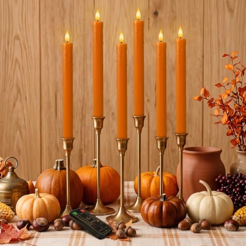 Image of Homemory 6 Pcs Real Wax Flameless Taper Candles, 9.6 inch Dripping Orange LED Candlesticks with Flickering Flame, Battery Operated with Remote and Timer for Autumn Home Window and Table Decor