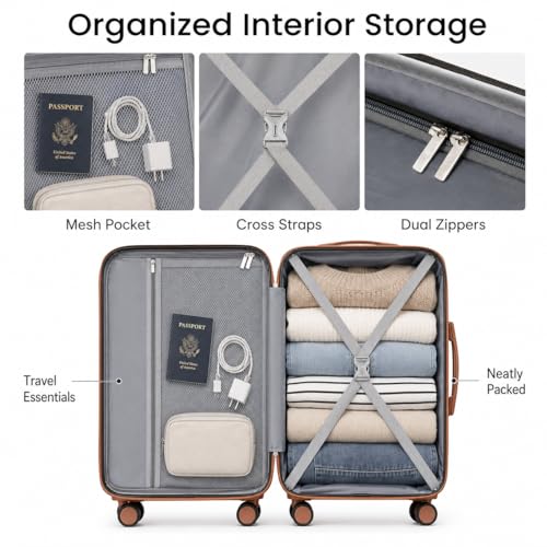 YOETEY Carry On Luggage Sets 3 Piece, Lightweight Durable Hardside Suitcase for Travelling with Spinner Wheels & TSA Lock, White Brown image 8