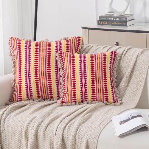 Image of HOKIPO 'Artisan Boho Series' 450 GSM Cushion Cover with Tassels | Cotton Acrylic Jacquard | 16x16 Inch (40x40 cm) | Pack of 2, Ruby Red (IN-905-A6*2)