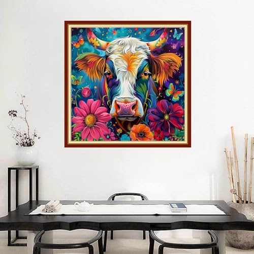 Image of Joyhoor Stamped Cross Stitch Kits for Beginners Needlepoint Kits for Adults Embroidery Kits 11CT Counted Cross Stitch Kits Printed Embroidery Pattern-Colorful Flower Cow 18x18 inchs