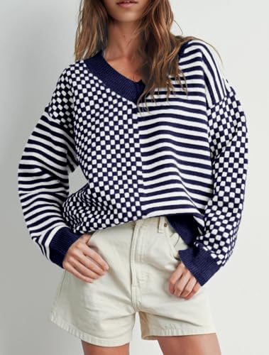 Image of UNCLECAT Womens Striped Checkered Sweater V Neck Fall Trendy Pullover Tops