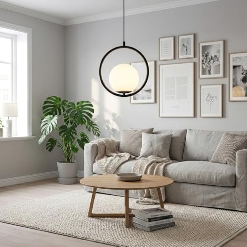 BARCELONA LED Suspension 'Kate' avec anneau noir et globe en verre opalin blanc, rosace ronde, câble noir réglable, grande lumière diffuse, style moderne, classique, luxueux et rétro