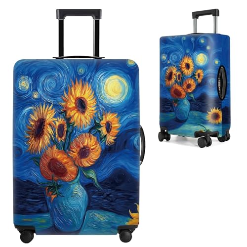 Image of Van Gogh Sunflowers Luggage Cover - Artistic Suitcase Protector with Starry Night and Vase Design - Fits 28-30 Inch Travel Luggage,L