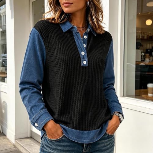 Waffle Tops for Women Denim Patchwork Collared Button Fashion Pullover Tops - image 4