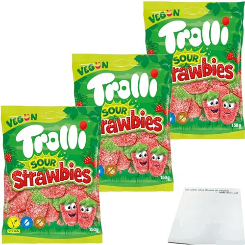 usy Bundle für Trolli Sour Strawbies sauer gezuckerte Fruchtgummi-Erdbeeren 3er Pack (3x150g Packung) + usy Block