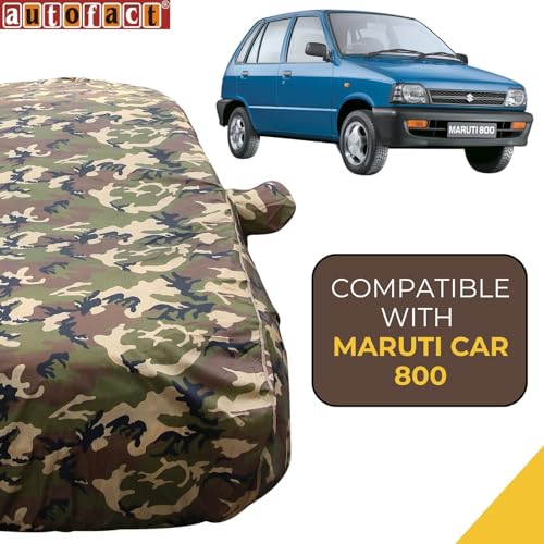 Image of Autofact 100% Waterproof Car Body Cover Compatible with Maruti Car 800 (2000 to 2008), with Mirror Pockets, 4 x 4 American Matty, Long Lasting Strong Durable Material, Camouflage Army Look