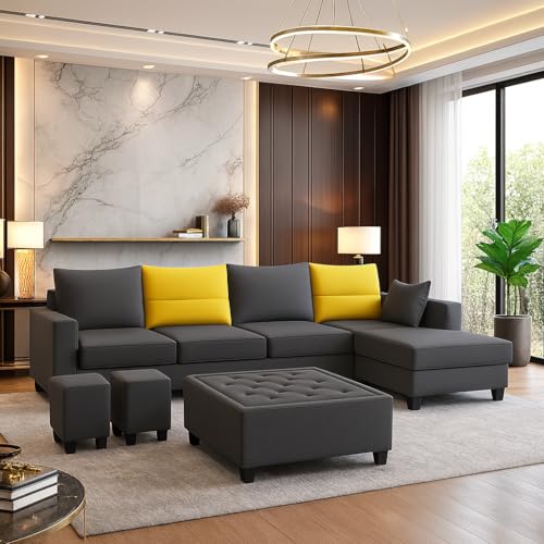 Image of CASASTYLE Texon 8 Seater Fabric RHS L Shape Sofa Set with 1 Centre Table & 2 Puffy (Yellow-Dark Grey) Velvet Finish | Comfortable Sectional Sofa for Living Room