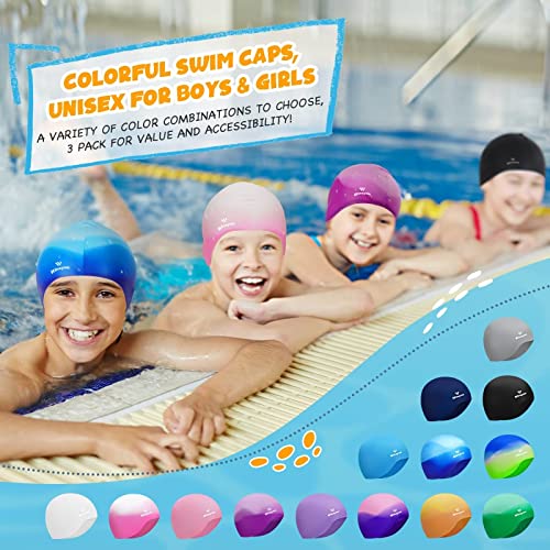 3 Pack Kids Swim Cap For Boys Girls, Unisex Silicone Swimming Caps For 3-15 Toddler Children Teen, Waterproof Bathing Caps For Short/Long Hair To Keep Hair Dry-1 #TOP5