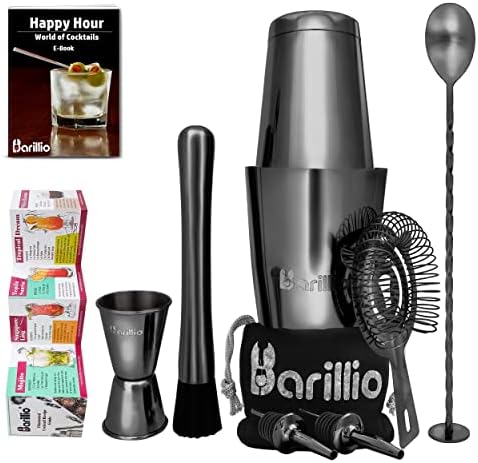 Black Boston Shaker Cocktail Shaker Set | Professional Bartender Kit with Weighted Martini Mixer, Hawthorne Strainer, Jigger, Mojito Muddler, Mixing Spoon & 2 Liquor Pourers……