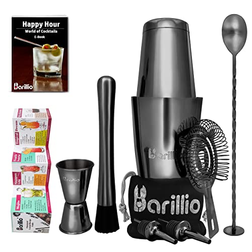 Black Boston Shaker Cocktail Shaker Set | Professional Bartender Kit With Weighted Martini Mixer, Hawthorne Strainer, Jigger, Mojito Muddler, Mixing Spoon & 2 Liquor Pourers…… #TOP23
