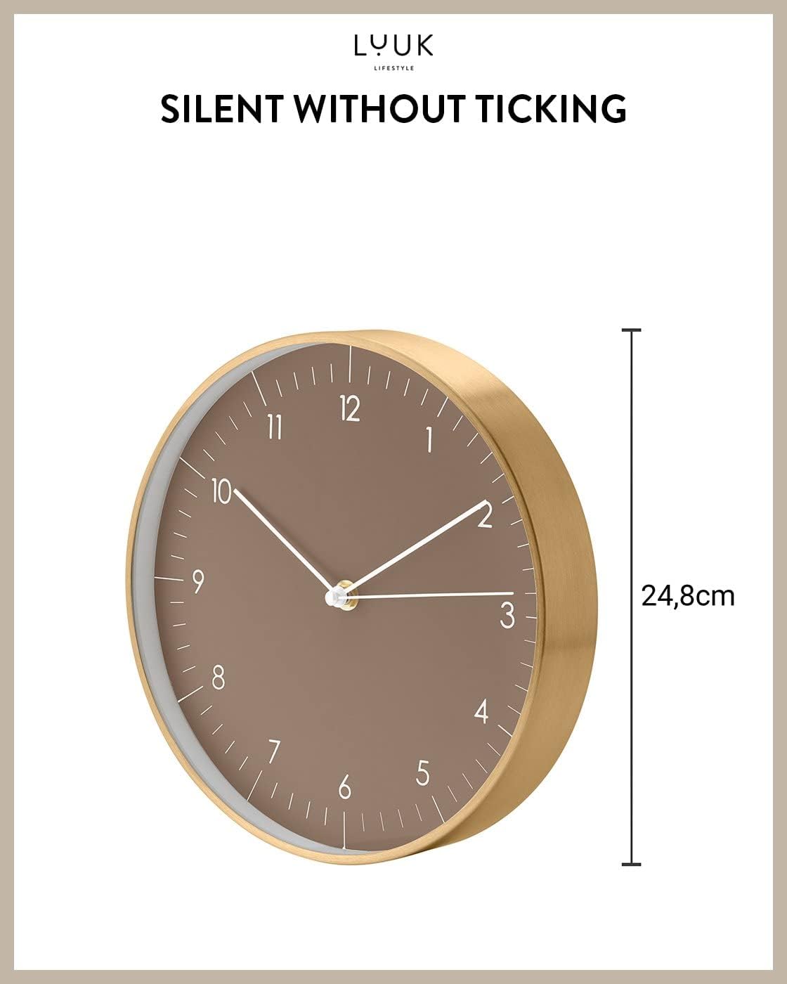 LUUK LIFESTYLE 10” Wall Clock with Silent Movement, Minimalist Scandinavian Design, Kitchen Clock, Decoration for Living Room, Bedroom, Hallway, Housewarming Present, in Brown and Gold