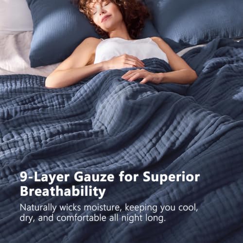 Image of EMME 9 Layer Muslin Cotton Blanket Adults Coverlet,King,Navy