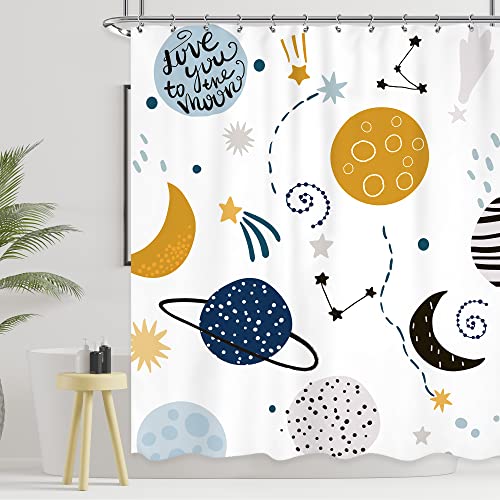 Ufeela Kids Boys Shower Curtain, Cartoon Planet Shower Curtain, Cute Universe Shower Curtain Bathroom Set, Baby Galaxy Space Print Cosmos For Boys Girls Kids Bath Curtain Accessories Decor 60Wx72L #TOP30