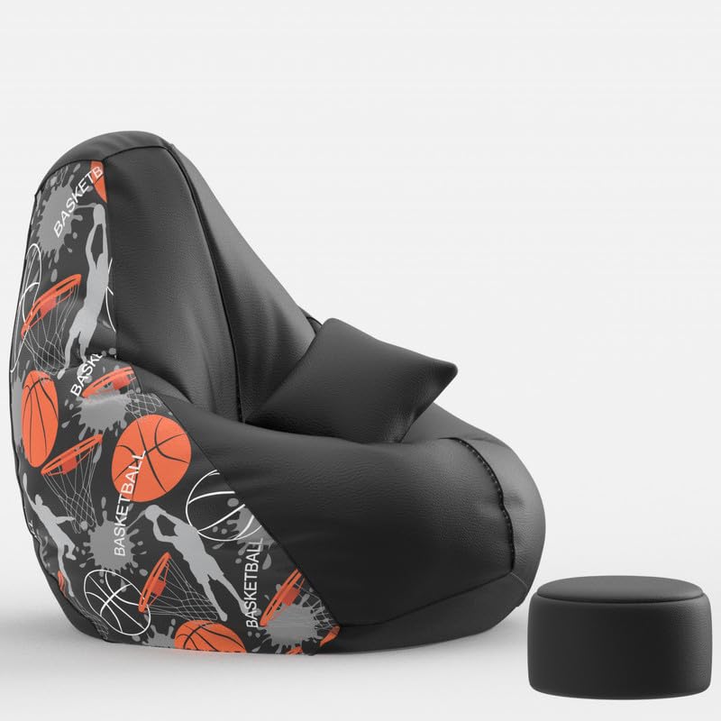 Image of Biggie Bean Bag Chair 4XL with Beans Filled-Pop Prints-Printed Designer Bags-Where Prints Meet Personality with Free Cushion & Footrest (Matching Color : Printed, Basketball - H - Black)