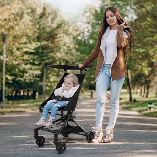 Image of Lightweight Travel Stroller for Airplane, 10.5 lbs Compact Foldable Baby Stroller with Sun Visor & Storage Basket, Convenience Airplane Strollers with Lockable Rear Wheels and Breathable Fabric, Black