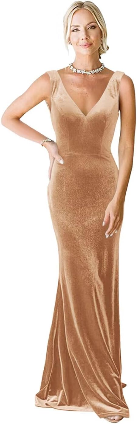 Maxi V-Neck Velvet Bridesmaid Dress for Women Long Mermaid Scoop Back Formal Evening Party Gown for Women