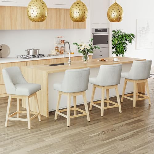Image of Swivel Counter Height Bar Stools Set of 4, Modern Fabric Swivel Barstools with Contoured Back and Solid Wood Legs, Upholstered Counter Stool Bar Chairs for Kitchen Island, Home Bar, Cream
