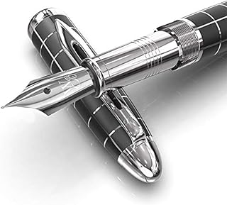 Wordsworth & Black Majesti Fountain Pen-(Checked), Luxury Case, Chrome Finish, Iridium Medium Nib- Ink Cartridges, Refillable Ink Converter-Calligraphy Pen-Best Business Gift Set for Men & Women
