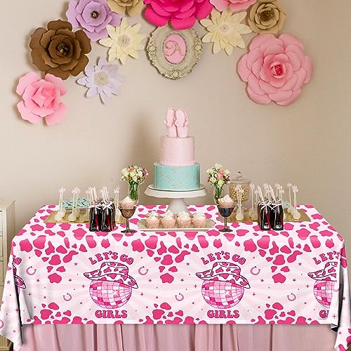 Image of Let's Go Girls Tablecloths, 3 Pcs Cowgirl Birthday Supplies Rectangle Table Covers, Disposable Disco Cowgirl Tablecloth for Bachelorette Party Decorations, 108 x 180 cm