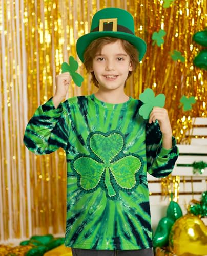 Image of Unisex Kids St. Patrick's Tie Dye Irish Clover Long Sleeve Shirt Shamrock Green Sweatshirt 6-14 Years