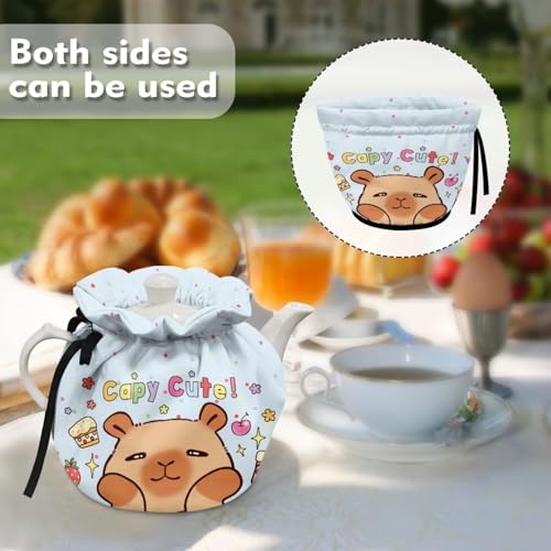 Image of Cute Capybara Flower Print Teapot Dust Cover Insulation Cover Tea Cozy for Teapot Portable Decorative Tea Cozy for Teapot Drawstring Design Keep Breakfast Warm
