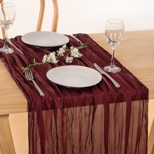 Image of MLMC 3 Pack Burgundy Red Table Runner 10ft Rustic Gauze Wine Red Cheese Cloth Table Runner Cheesecloth Centerpiece for Wedding Holiday Anniversary Events Decor