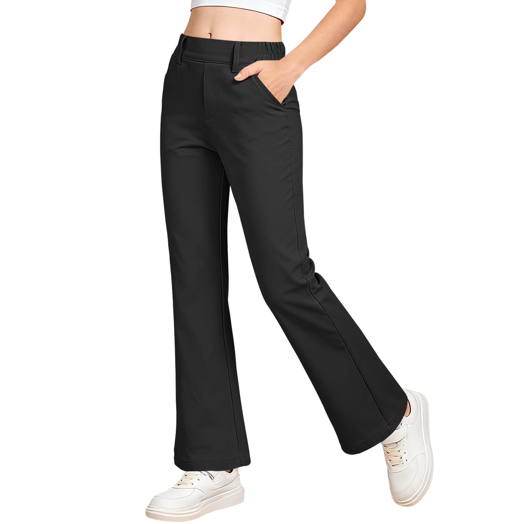 QBK Girls Flare Dress Pants Kids School Uniform Bell Bottoms with Elastic Waist for Teens Size 4-15 Years