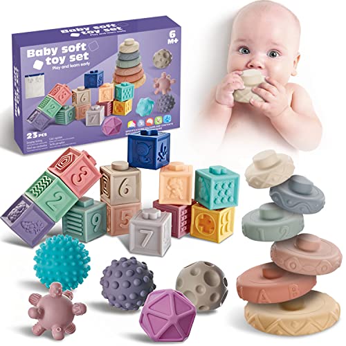Liakai Baby Toys 6-12 Months, 3 in 1 Montessori Toys for Babies 6-12 Months,Stacking Building Blocks & Soft Infant Teething Toys & Sensory Balls for Toddlers 6-9-12-18-24 Months
