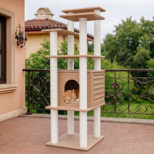 MAOHEGOU 62 Tall Cat Tree for Outdoor and Indoor Cats Weatherproof Large Outdoor Cat Condo with Scratching Posts