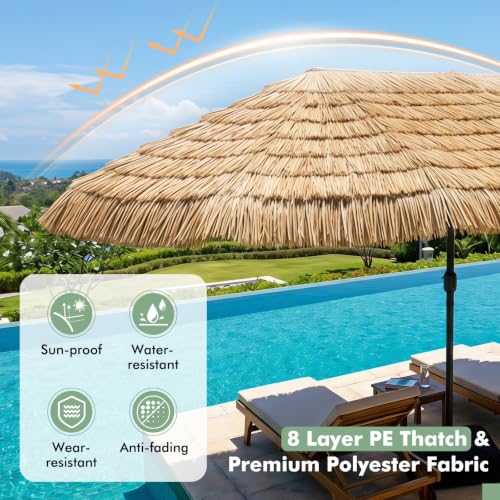 Image of Tangkula 15 FT Tiki Patio Umbrella with Base Included | Hawaiian Style, PE Grass, Crank Handle, 12 Heavy-Duty Ribs, for Beach Patio Garden Pool Backyard