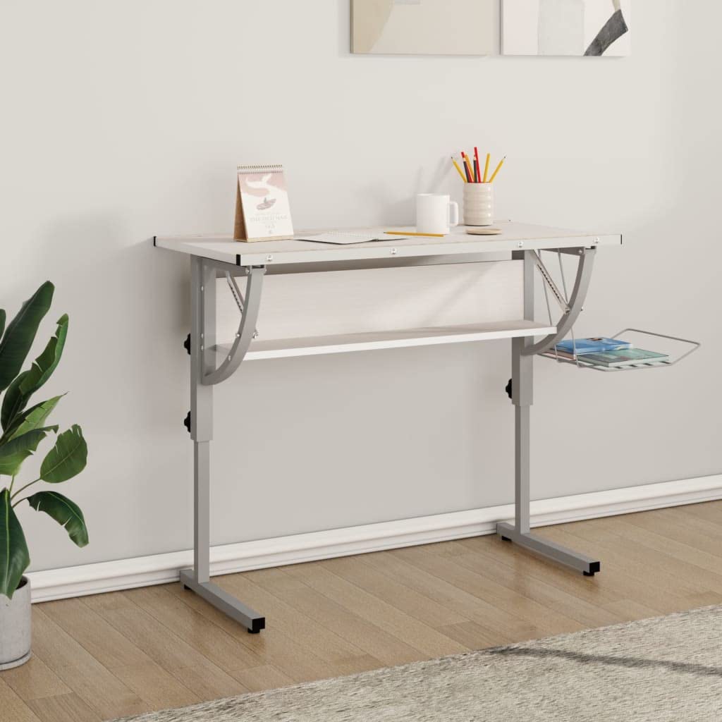 Scrivania,Supporto per stampante,Piccola postazione di lavoro in casa,Scrivania per computer in stile moderno,Scrivania Bianca Grigia 110x53x(58-87) cm Multistrato e Acciaio
