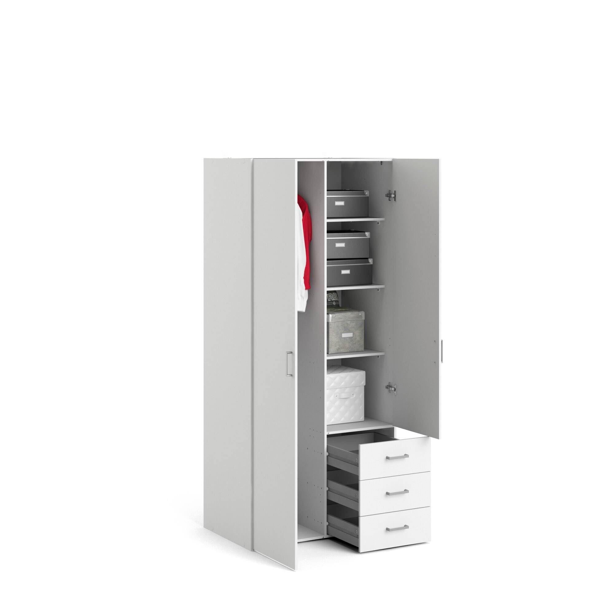 Dmora - Armoire avec deux portes battantes et trois tiroirs, couleur blanche, Dimensions 77 x 175 x 49 cm