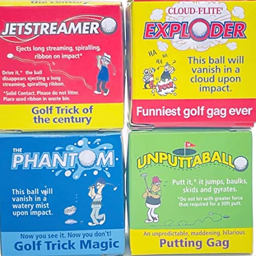 Exploding Golf Balls (4 Pack) – 1 Burst Into A Cloud Of White Smoke, 1 Water, 1 Streaming Ribbon, 1 Jumps & Slides When Putted - Funny Golf Gag Gift #TOP1