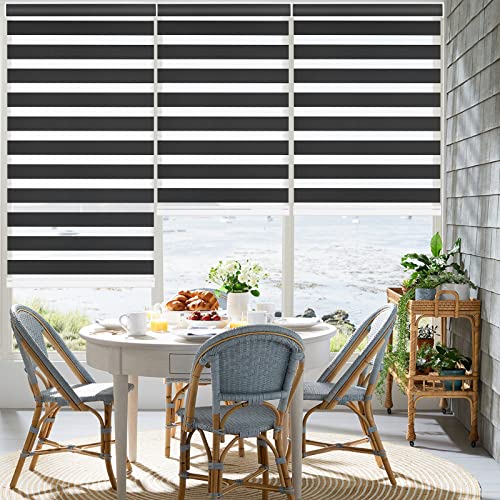 Image of Changshade Custom Size Zebra Blinds Cordless Indoor Window Shades Privacy Dual Layer for Living Room, Bedroom, Bathroom, Kitchen, Nursery, Inside Outside Mount Easy Install, Blackout, Black