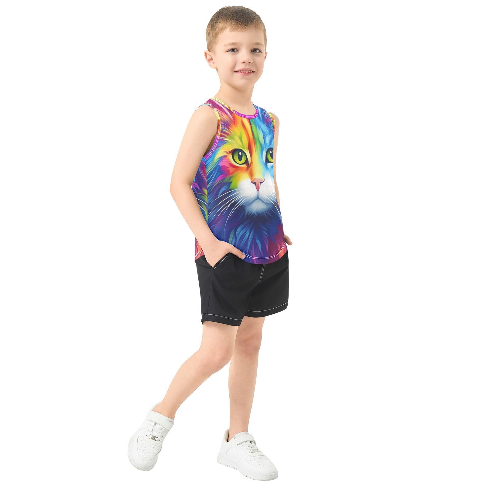 Canottiera senza maniche con gatto neon per ragazzo, canottiera sportiva traspirante per bambini